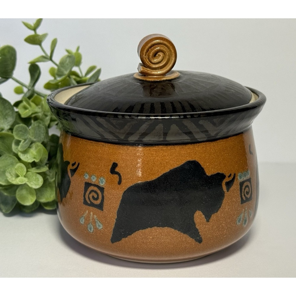 VTG Rebecca Livingston Signed Studio Pottery 5" Buffalo Lidded Jar Southwest '06